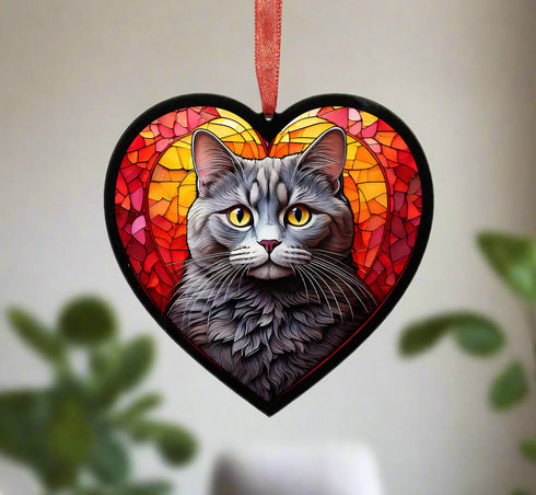British Shorthair Cat Stained Glass Effect Heart Suncatcher